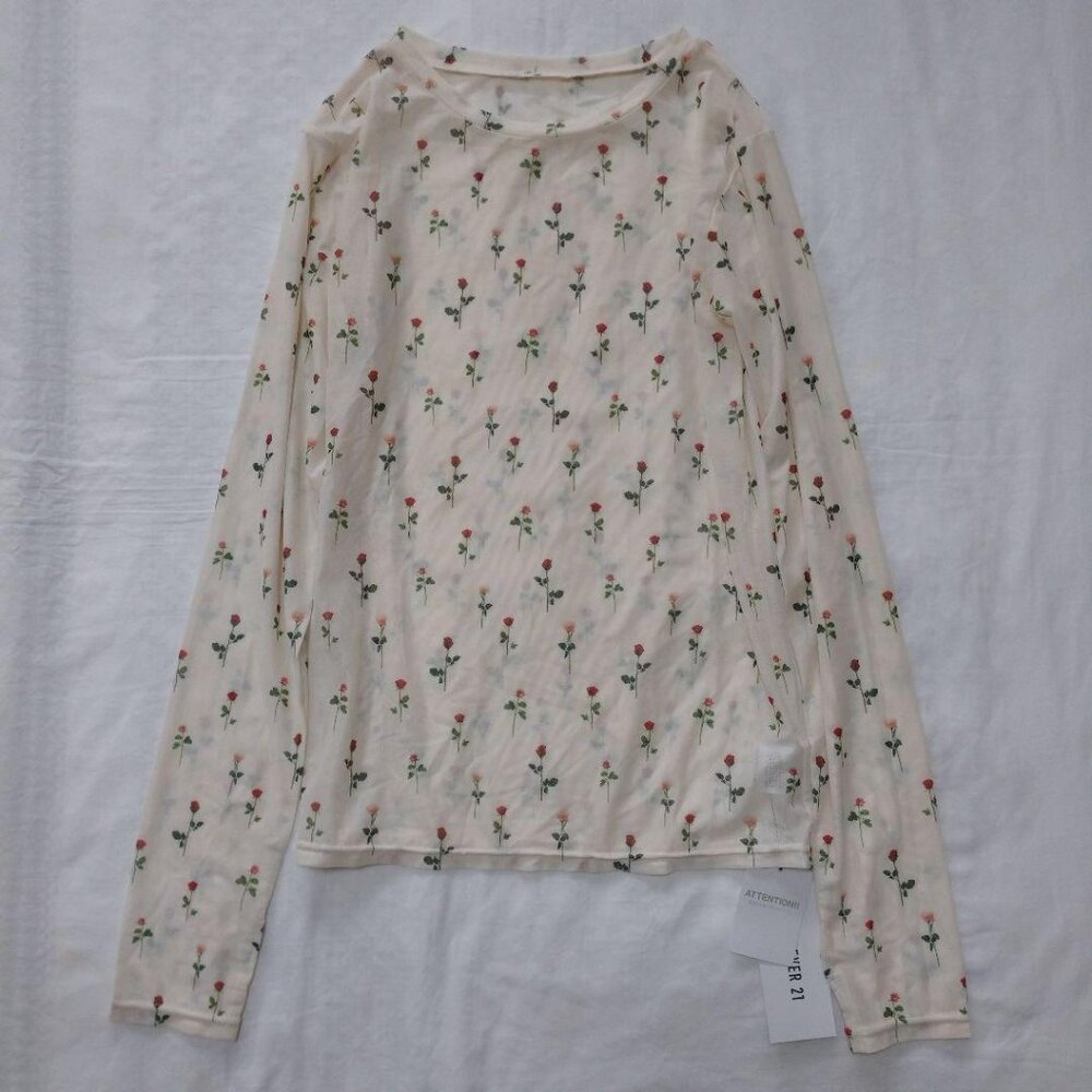 Fover Cute Sheer Crew Neck Cut & Sew Top Floral Print Size M